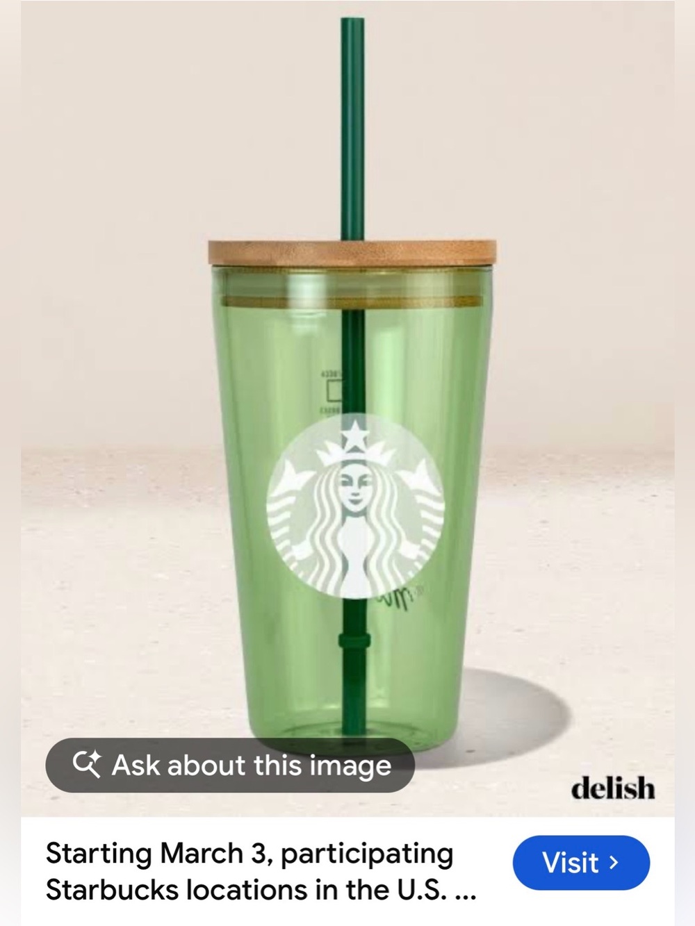 #3280**Starbucks Translucent Green Tumbler with Wood-Look Lid and Green Straw